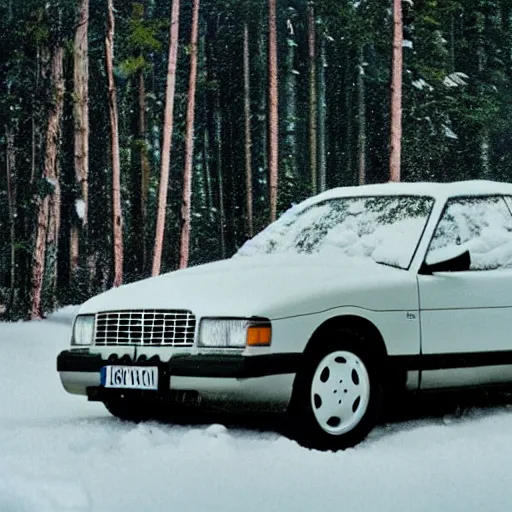 Image similar to vhs footage of a 1 9 9 5 volvo car in a snowy forest