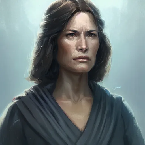 Image similar to portrait of a woman by greg rutkowski, grand jedi master jaina solo, star wars expanded universe, she is about 6 0 years old, wearing jedi robes, highly detailed portrait, digital painting, artstation, concept art, smooth, sharp foccus ilustration, artstation hq