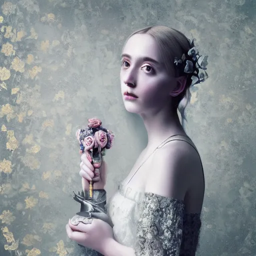 Prompt: 8k, octane render, realism, tonalism, renaissance, rococo, baroque, portrait of a young lady wearing long white and pale grey manga dress with flowers and skulls, background chaotic gold leaf flowers