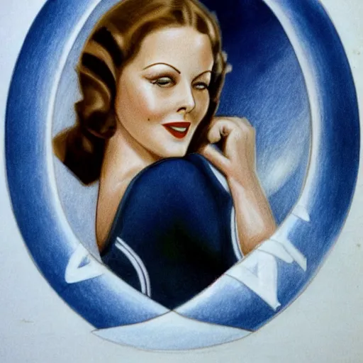 Image similar to a 1 9 2 0 s ultra - realistic color portrait. happy, healthy, beautiful, smiling, young, sporty, blonde, blue - eyed symmetric hedy lamarr in decent athletic wear. hyper - realistic detailed drawing