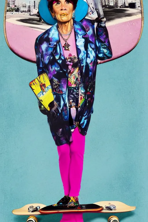 Image similar to a portrait of a fashionable gran on a skateboard in los angeles, in the style of david lachapelle