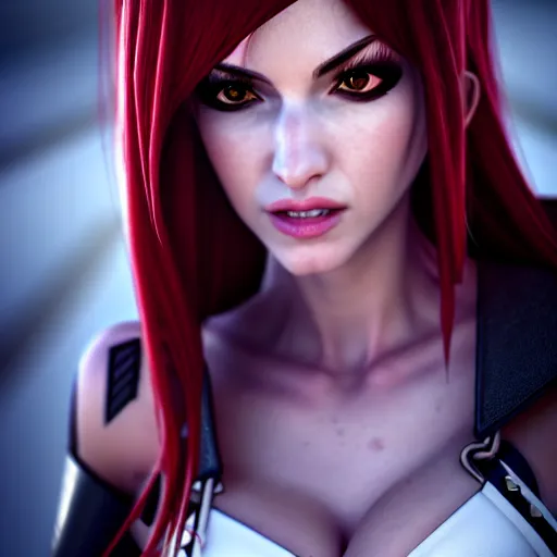 Image similar to Katarina from League of Legends, photorealistic studio portrait, studio lighting, unreal engine 5, hyperrealistic, dynamic lighting, white ambient background, realistic, highly detailed