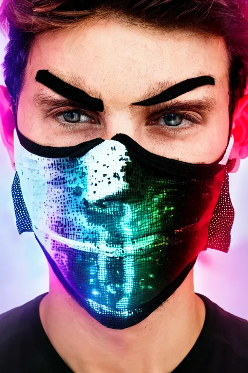 Image similar to rgb glitched face of young man wearing black mask