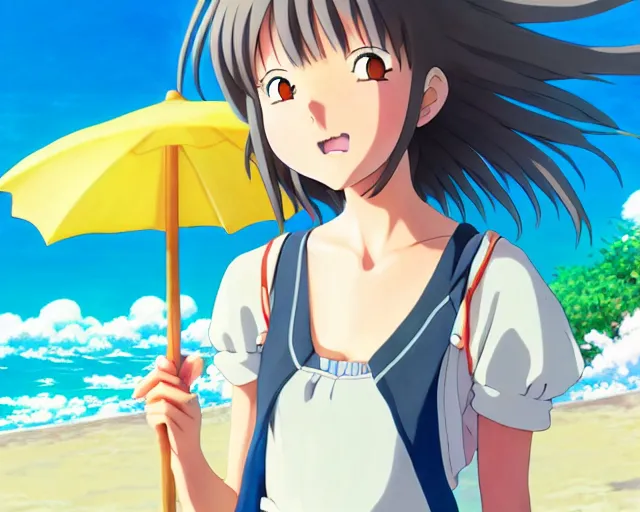 Image similar to anime fine details portrait of joyful girl at beach anime masterpiece by Studio Ghibli. 8k render, sharp high quality anime illustration in style of Ghibli, artstation