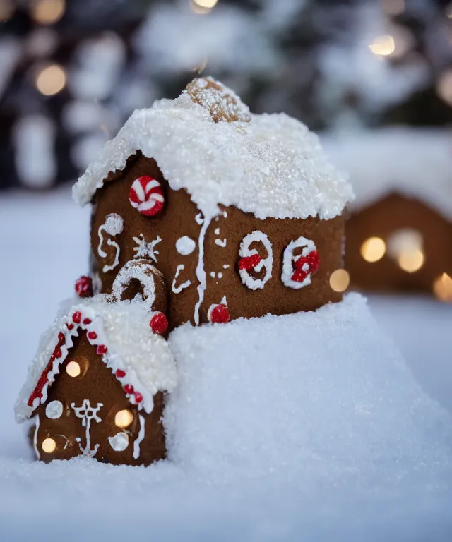 Image similar to high quality presentation photo of a gingerbread snow cottage, photography 4k f1.8 anamorphic bokeh 4k Canon Nikon