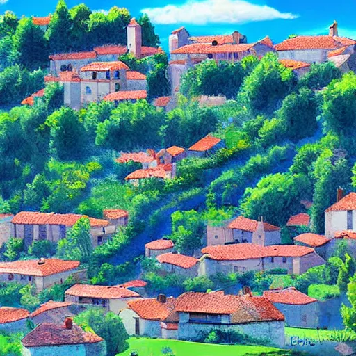 Prompt: village on a prominence in provence, digital art, blue skies