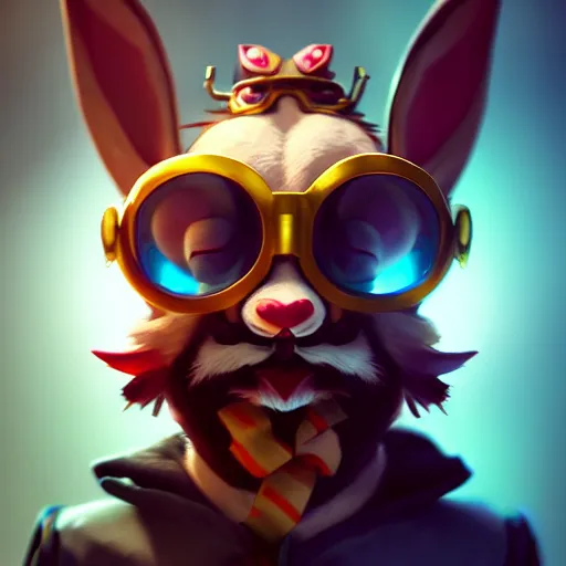 Prompt: Portrait of a rabbit as Heimerdinger from League of Legends, evil, anger, mystery, fear, highly detailed, ominous vibe, smoke, octane render, cgsociety, artstation, trending on ArtStation, by Marie Magny