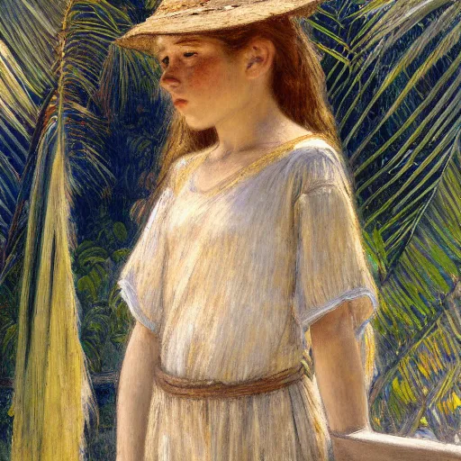 Image similar to a ultradetailed beautiful painting of a girl in the amazonas palace balustrade designed by jules bastien - lepage, hans belmer, frank weston and gustave baumann, beach, trending on artstation, mediterranean, palm trees, refracted color sparkles, sharp focus, soft light, 8 k 4 k