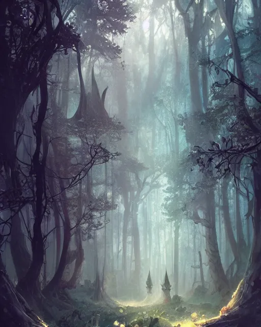 Image similar to An enchanted forest with fantastic beings, fantasy art, in the style of greg rutkowski, illustration, epic, fantasy, intricate, hyper detailed, artstation, concept art, smooth, sharp focus, ray tracing