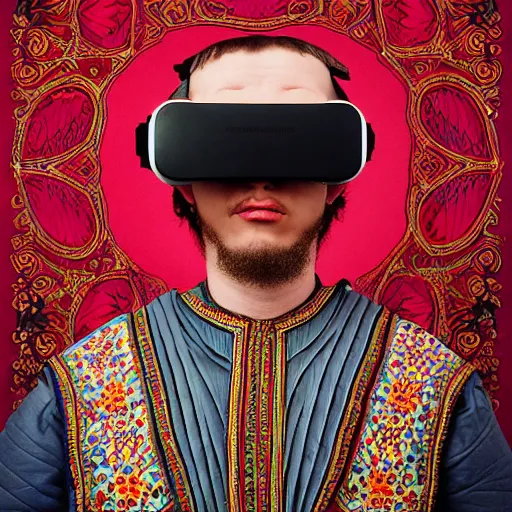 Image similar to Colour Caravaggio and Taras Shevchenko style full body portrait Photography of Highly detailed Man wearing detailed Ukrainian embroidered folk costume designed by Taras Shevchenko with 1000 years perfect face wearing highly detailed retrofuturistic VR headset designed by Josan Gonzalez. Many details In style of Josan Gonzalez and Mike Winkelmann and andgreg rutkowski and alphonse muchaand and Caspar David Friedrich and Stephen Hickman and James Gurney and Hiromasa Ogura. Rendered in Blender and Octane Render volumetric natural light