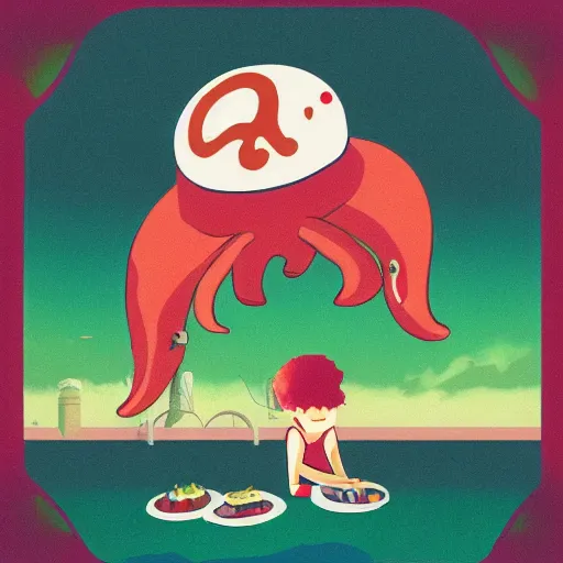 Prompt: squid eating at mcdonald's, lofi album art