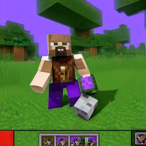 Prompt: thanos playing minecraft survival mode on an xbox,