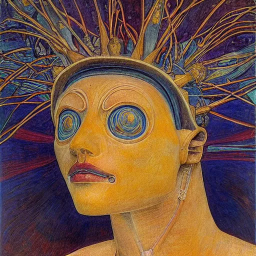 Image similar to masterpiece painting of the head of the robot flower king, by annie swynnerton and jean delville and tino rodriguez, flower mask, symbolist, dramatic lighting, god rays, elaborate geometric ornament, art brut, soft cool colors, smooth, sharp focus, extremely detailed, adolf wolfli