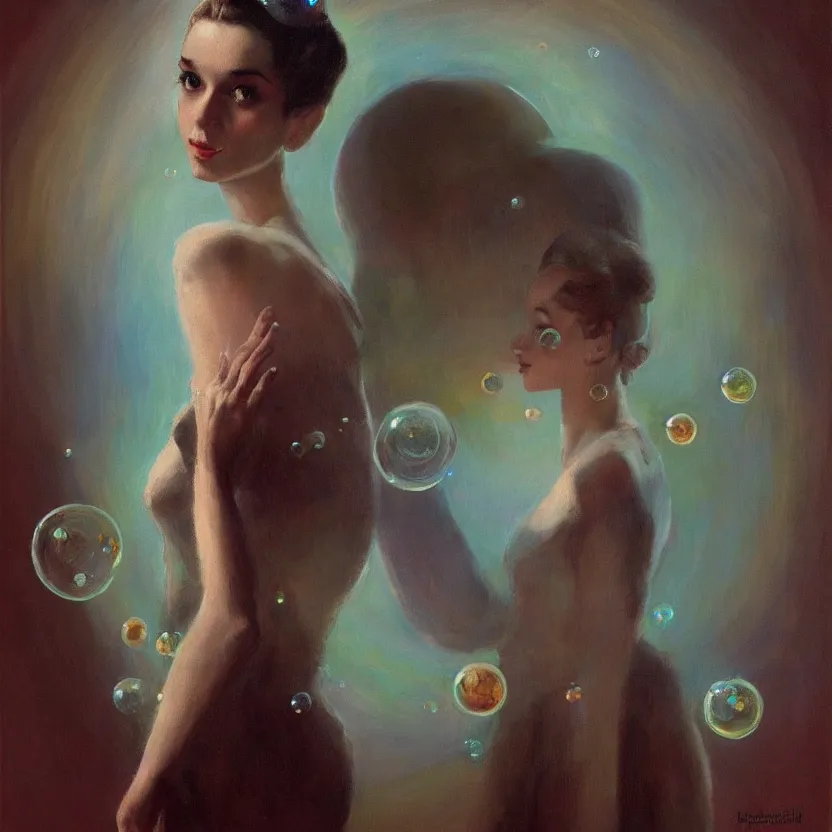 Image similar to portrait painting of a beautiful alien woman with big eyes, by norman rockwell. floating glowing bubbles. muted colors, soft gradients. dark background. trending on artstation. retrofuturism.