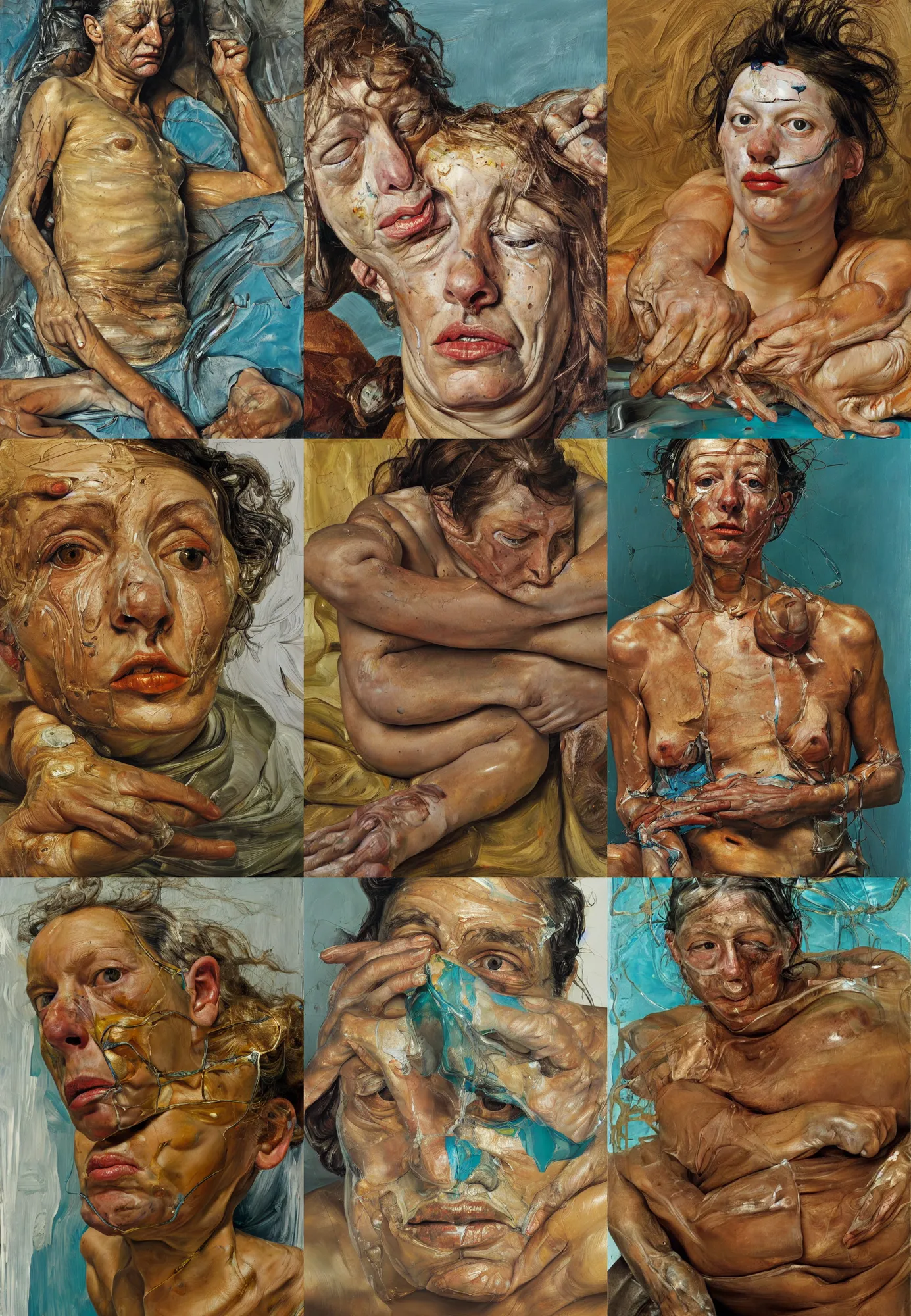 Image similar to high quality high detail painting by lucian freud and jenny saville, hd, golden eal, turquoise