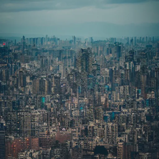 Prompt: Giant megacity looming across the landscape, dystopian, post apocalyptic, EOS-1D, f/1.4, ISO 200, 1/160s, 8K, RAW, unedited, symmetrical balance, in-frame