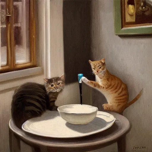 Prompt: cat drinking milk from a porcelain plate, in game pathologic 2, by jacek yerka, by levitan, oil on canvas, acrylic, digital art, royal academy, masterpiece, trending on artstation, cinematic composition, sharp, details, hyper - detailed, hd