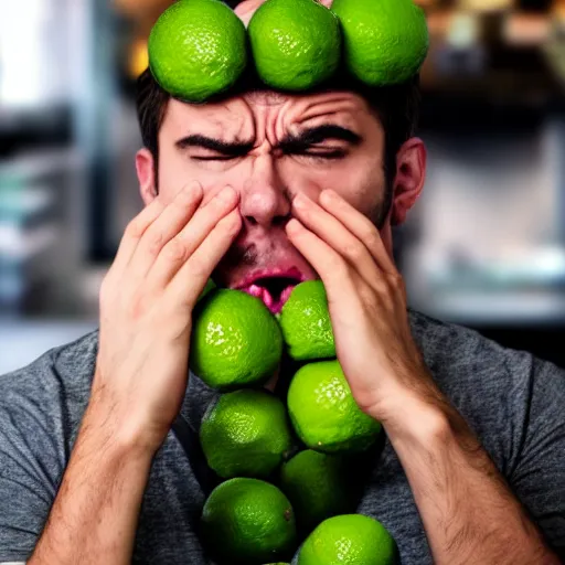 Image similar to guy who is holding too many limes with a very angry face