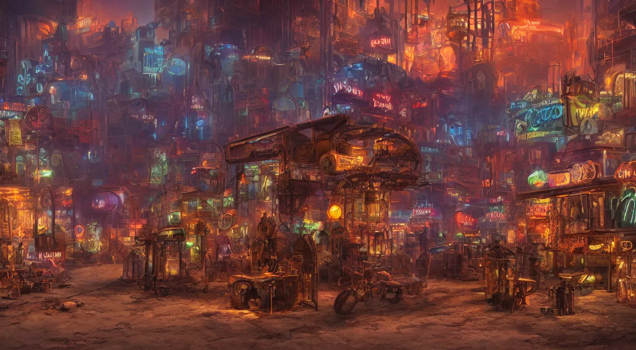 Image similar to a steampunk village in the desert, junk everywhere,neon lights, neon signs, magical atmosphere, mist, steam, photo realistic, 35mm, Matte painting, octane render, 8k, corona render, movie concept art by guido borelli da caluso