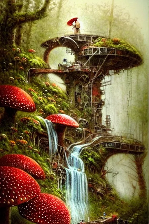 Image similar to adventurer ( ( ( ( ( 1 9 5 0 s retro future steam turbine and mill in forrest of giant mushrooms, moss and flowers stone bridge waterfall. muted colors. ) ) ) ) ) by jean baptiste monge!!!!!!!!!!!!!!!!!!!!!!!!! chrome red