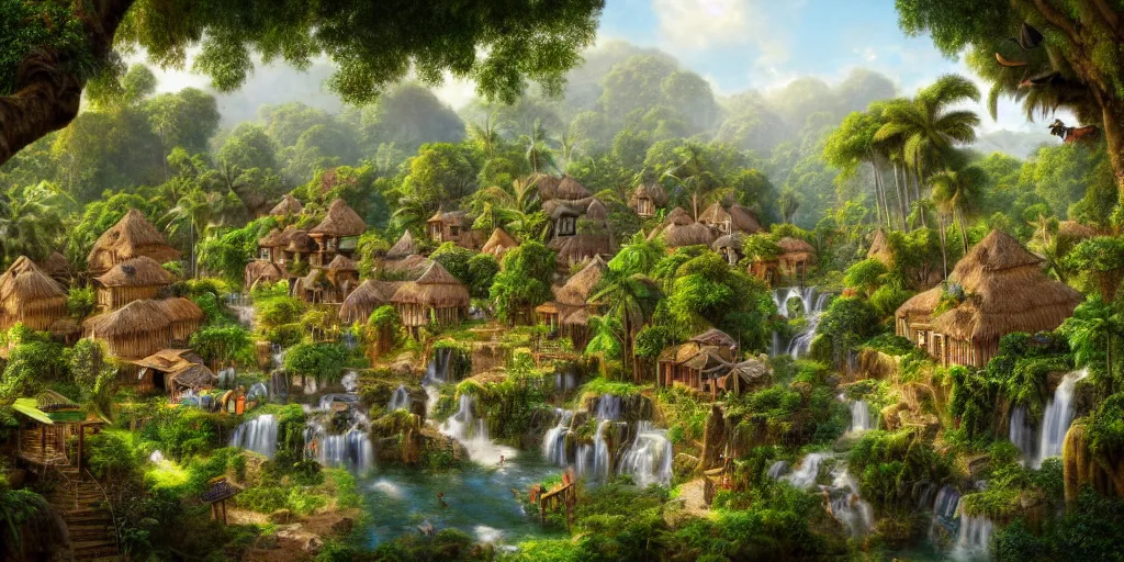 Prompt: village in a tropical eastern waterfall valley, with great birds, lush wildlife, rich geometry, ancient ruins, precise and incredibly highly detailed intricate 8 k wallpaper, john stephens, intricate stunning award winning masterpiece trending on artstation