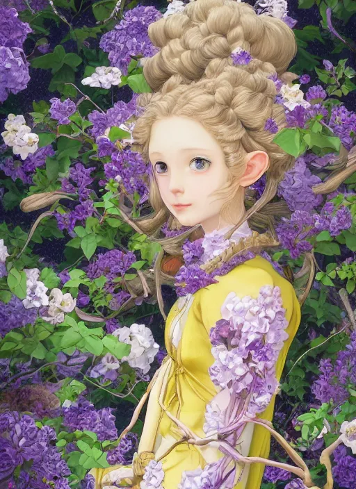 Image similar to elf girl wearing an flower suit, soft hair. light color palate, purple, yellow and white. detailed soft painting, ayami kojima, made in abyss, anatomically correct, ilya kuvshinov, inspired in balthus, high detailed face anime, vogue magazine, glorious composition, mobile wallpaper