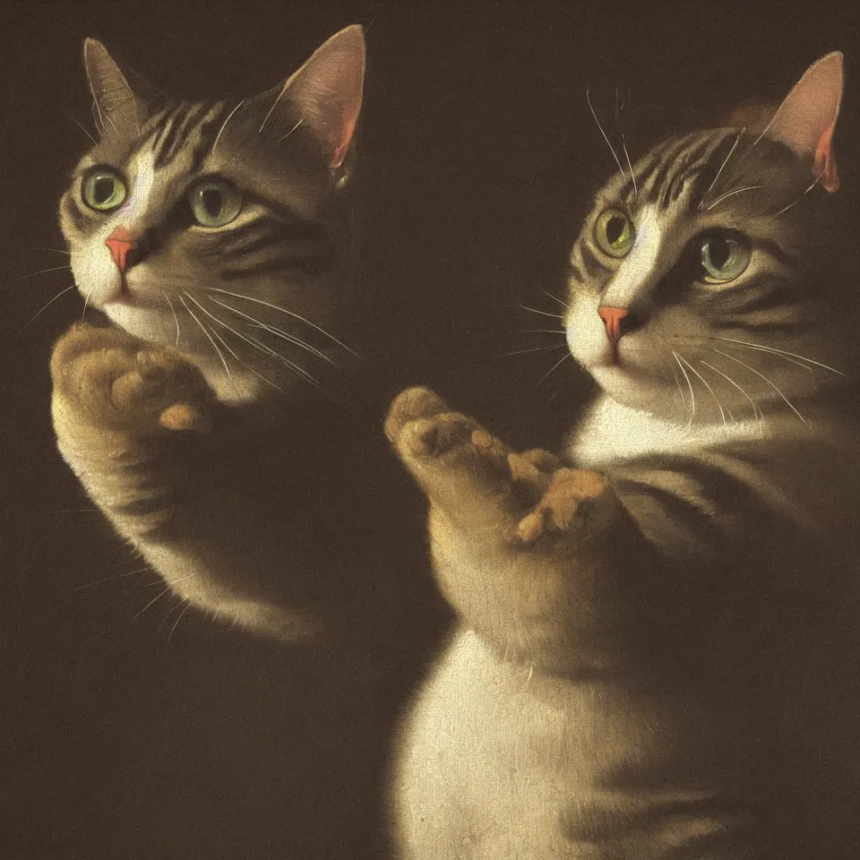 Image similar to close up portrait of a cat by vermeer. black background, three - point lighting, enchanting, realistic features, realistic proportions.