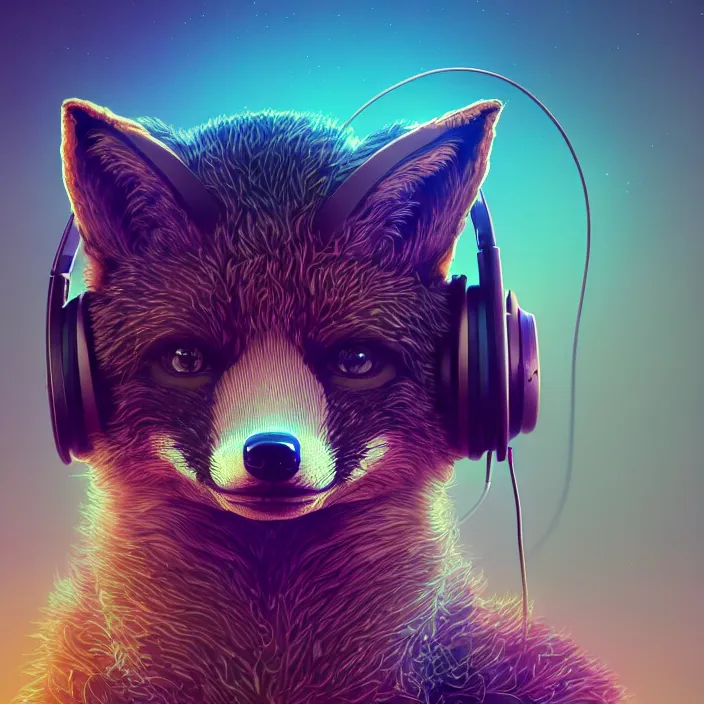 Image similar to fox with headphones, HD, 4K, intricate abstract. intricate artwork. by Tooth Wu, wlop, beeple, dan mumford, octane render, trending on artstation, greg rutkowski very coherent symmetrical artwork. cinematic, hyper realism, high detail, octane render, 8k, iridescent accents