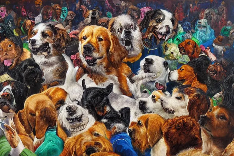 Prompt: dog moshpit, painting, dan whiz