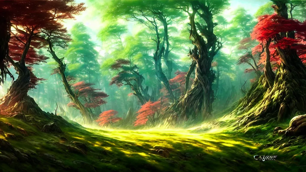 Prompt: forest clearing landscape, bright colors, fantasy, elegant, highly detailed, digital painting, artstation, concept art, smooth, sharp focus, illustration, wide angle, artbook, wallpaper, splash art, promo art, soul calibur, league of legends, art by artgerm and greg rutkowski and bo chen and jin xiaodi