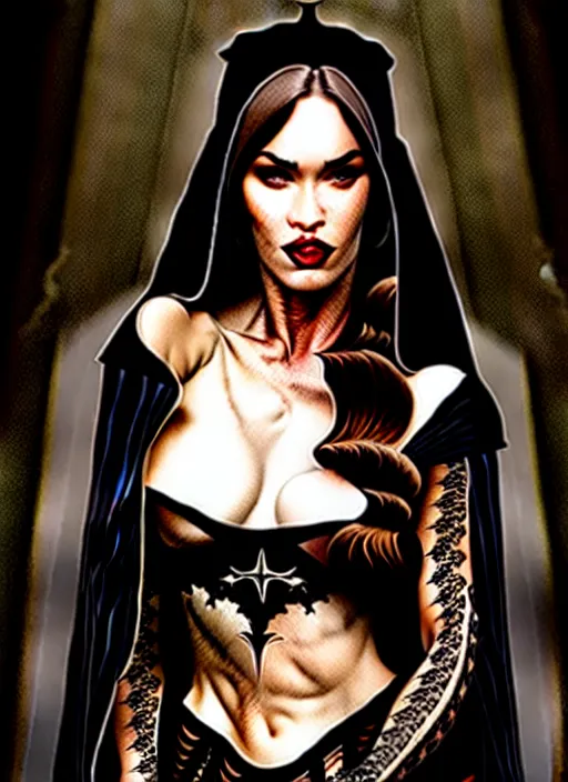 Image similar to megan fox witch queen, black eyes, blood, full body, intricate victorian dress, middle shot, cinematic lighting, studio quality, symmetrical eyes, caravaggio, artgerm, joshua middleton, rafael albuquerque, moody lighting, candles