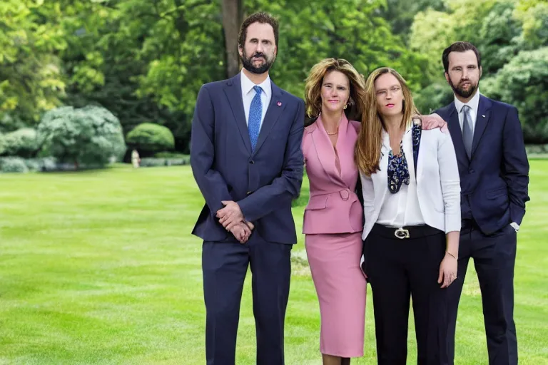 Prompt: press photo of a beautiful thirtysomething powerful female president in a suit, being held romantically by her two younger boyfriends in the white house rose garden, professional photo, press photo, glamorous, 8 k photorealistic, very detailed