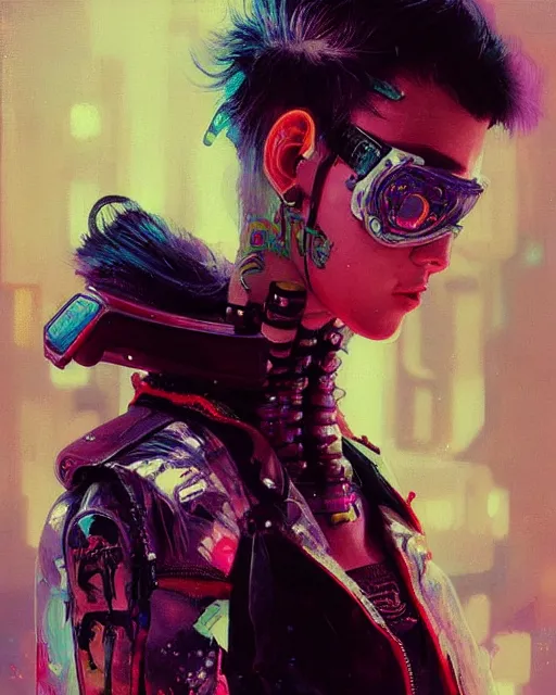 Image similar to detailed portrait Young Rebel Girl cyberpunk futuristic ((neon)) tattoes, yakuza, styled hair Reflective puffy sheen film jacket, decorated traditional ornaments by ismail inceoglu dragan bibin hans thoma greg rutkowski Alexandros Pyromallis Nekro Alphonse Mucha illustrated Perfect face, fine details, realistic shaded, fine-face, pretty face