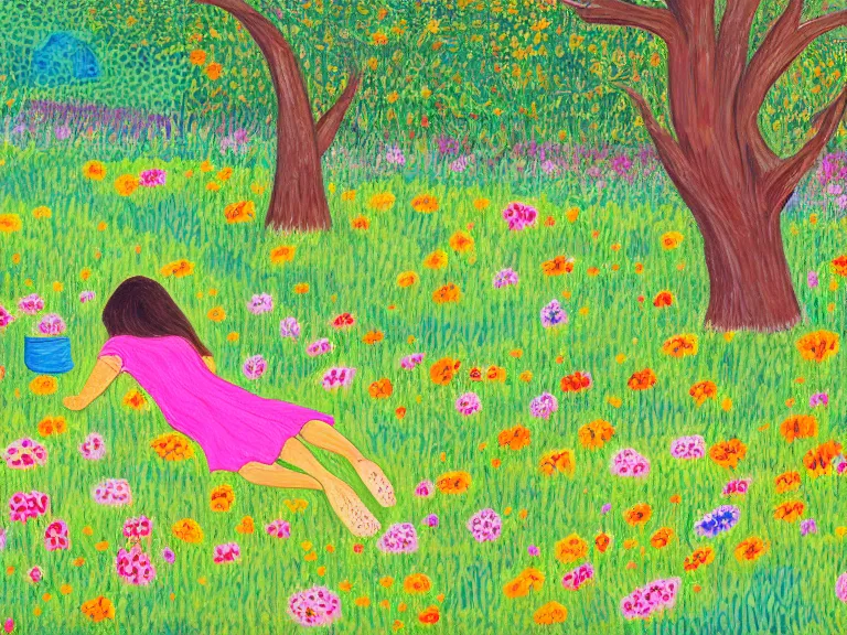 Image similar to painting of view from the distance on girl laying down in the lawn full of flowers that smells like honey amongst forest with her soul connected to the nature around her. in naive art style