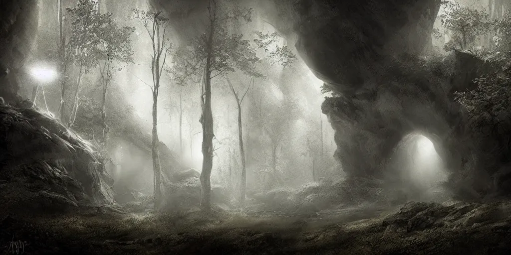 Prompt: mystical cave entrance in a rainy forest with light coming from the cave, desaturated, highly detailed, artgerm, creepy