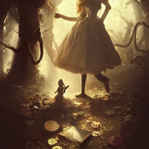 Image similar to alice in wonderland, high detail, dramatic light, digital art, chiaroscuro, painted by seb mckinnon and greg rutkowski, trending on artstation