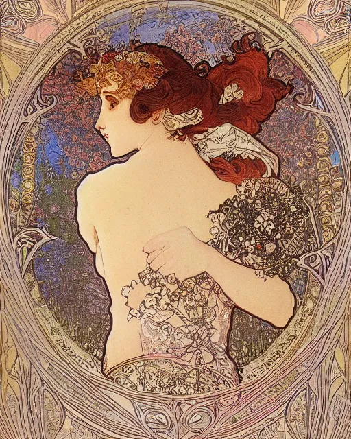 Image similar to a beautiful detailed ornate, ornamentation, elegant, beautifully soft lit, by mucha