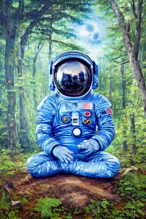 Prompt: blue astronaut meditating in the forest, oil on canvas, intricate, portrait, 8k highly professionally detailed, HDR, CGsociety