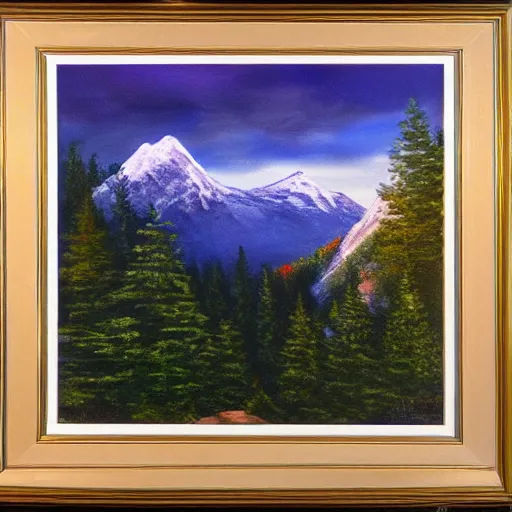 Prompt: a mountain cabin, bob ross, james burton, twilight