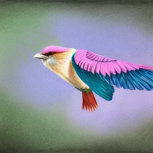 Prompt: a color pencil drawing of an lilac - breasted roller flying away by natalia rojas and ana maria martinez jaramillo, pastel color, wingspan, high quality, artstation, 4 k, realism, ultra realistic, fine art, white background, professionnal work