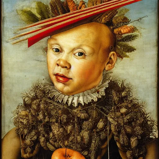 Image similar to a boy and his kite, by giuseppe arcimboldo, renaissance, portrait, fruit, detailed oil paint, high definition