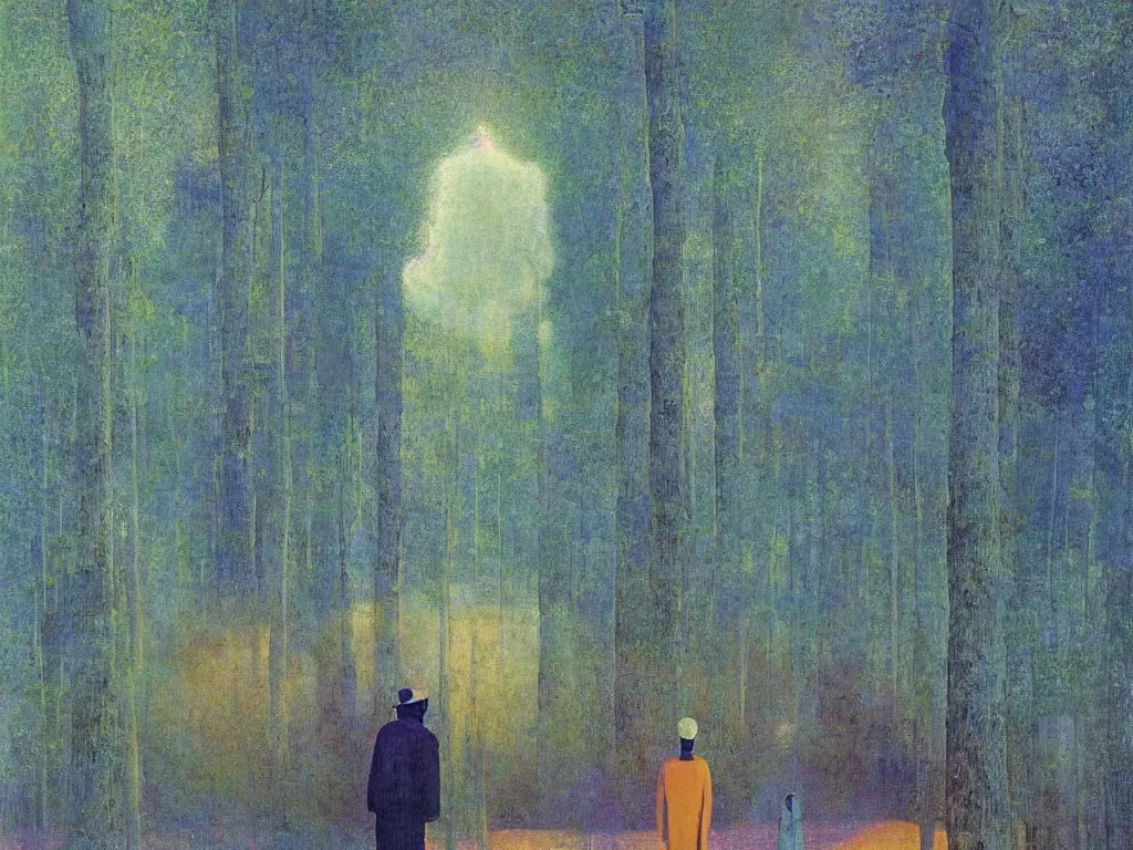 Prompt: man in white beekeeper suit looking at the psychedelics dream mothership over the solitary road lined with giant poplars. painting by mikalojus konstantinas ciurlionis, bosch, wayne barlowe, agnes pelton, rene magritte