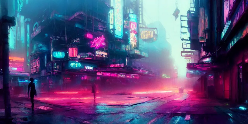 Prompt: beautiful painting by jeremy mann, cyberpunk street, neon signs, still from enter the void movie, pastel hypercolor scheme, oil painting, perfect composition, detailed octane render trending on artstation, misty, ominous, 8 k artistic photography, volumetric cinematic perfect light, wlop, alena aenami, greg rutkowski
