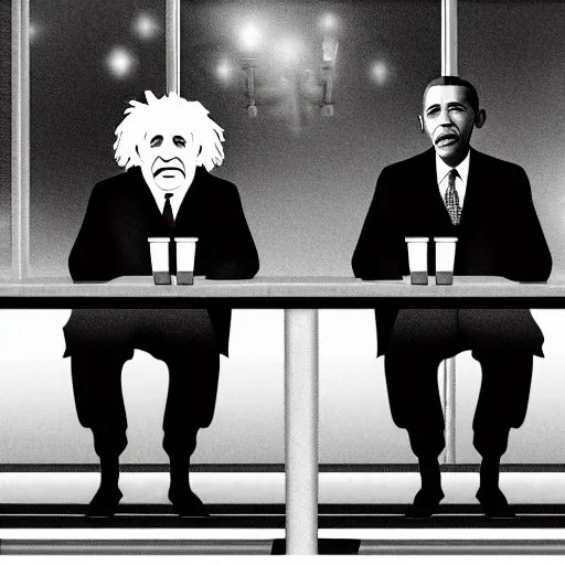 Image similar to Einstein and Obama sitting at McDonalds, ultra detailed, photorealistic, dramatic lighting