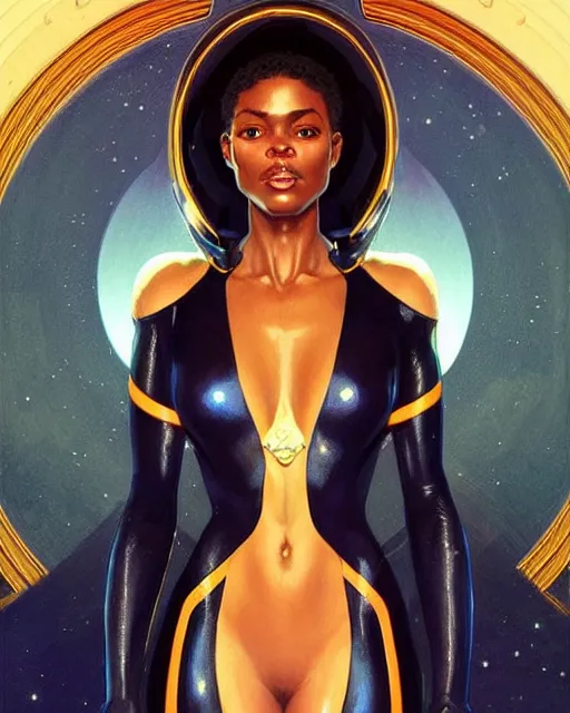 Prompt: Portrait of very very very very very very beautiful black woman, spacesuit, blue eyes, real life skin, intricate, elegant, highly detailed, artstation, concept art, smooth, sharp focus, art by artgerm and greg rutkowski and alphonse mucha