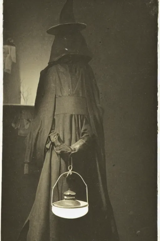 Image similar to 1800s photograph of a plague doctor holding a lantern,