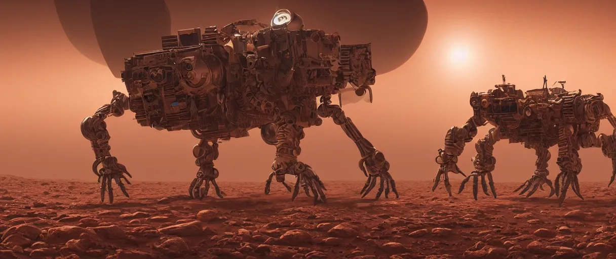 Prompt: bipedal sentient robots walking the surface of mars during a dust storm, vivid, sci fi, intricate, detailed, glossy, metallic, rusted parts, glowing eye, ultra detail