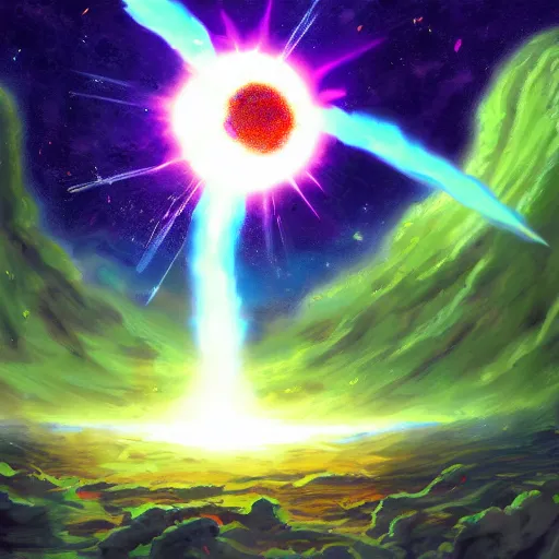 Image similar to Concept art for the earth exploding. Trending on art station, bright colors.