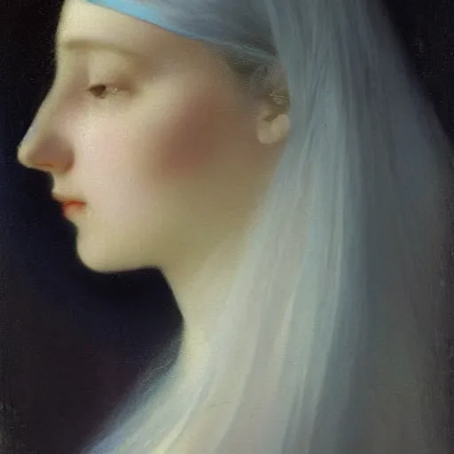 Prompt: a young woman’s face, her hair is white, her eyes are covered with a flowing blue satin blindfold, she is wrapped in flowing silver silk fabric, by ivan aivazovsky and alma tadema and and willen claesz heda and aelbert cuyp and gerard ter borch