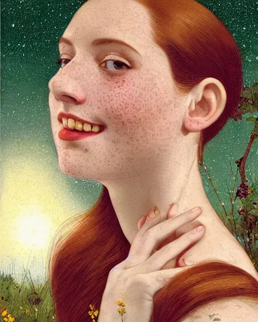 Prompt: a happy, modern looking young woman looking over shoulder, wonderful detailed dress, among the lights of golden fireflies and nature, long loose red hair, intricate details, green eyes, small nose with freckles, triangle shape face, smiling, golden ratio, high contrast, hyper realistic digital art by artemisia lomi gentileschi and caravaggio and artgerm.